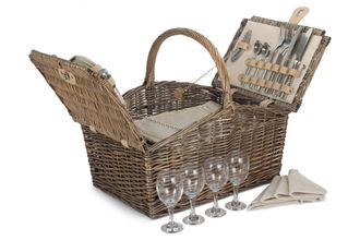 Red Hamper Deluxe Retro Double Lidded Fitted Picnic Basket in Off-White