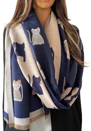 The Accessory Co. Cat Print Womens Pashmina Shawl Wrap, Black Cat Gift, Winter Blanket Scarf, Ladies Scarves, Womens Gifts 40th 50th 60th Birthday Present (Blue)