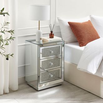 Furniturebox Stella Crushed Diamond Effect Mirrored 3 Drawer Bedside Table in Silver