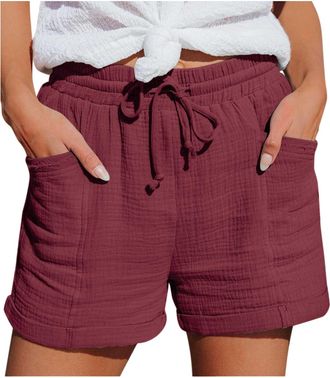 Generic Shorts for Women UK with Pockets Solid Color Chino Pants Drawstring Elastic Waist Beach Walking Shorts Casual Loose Summer Clothes Lighweight Plus Siz