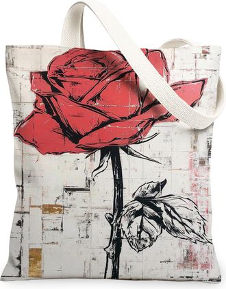 Generic Rose Canvas Tote Bags, Floral Design Reusable Grocery Bags, Spring Vintage Lightweight Washable Shoulder Strap Canvas for S, Red, 13x15 Inch