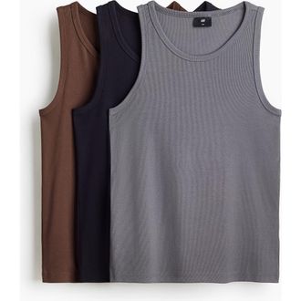 H&M 3-pack Slim Fit Ribbed Vest Tops in Brown/gray at Nordstrom, Size X-Small