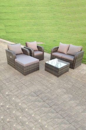 Fimous PE Rattan Garden Furniture Set Adjustable Chair Sofa Double Love Seat 2 Seater Sofa Square Coffee Table in Dark Grey