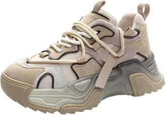 Generic Ladies Leather Thick Soled dad Shoes Versatile Color Blocked mesh Breathable Anti Slip Casual Sports Shoes (Khaki,6.5)