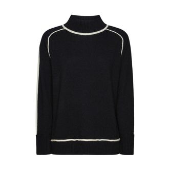 Elena Miro Geribbelde wollen coltrui met contrastranden - Dames - Coltruien - Zwart - L - Wol - Truien & Vesten
