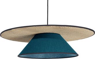 Miliboo L&aacute;mpara De Techo De Lino Azul Pavo Real Y Rafia Natural 55 Cm Azami