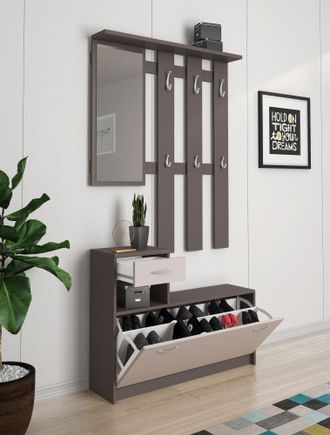 Dmora Muebles De Entrada Dbiagin, Recibidor Moderno Con Espejo, Mueble Con Zapatero, Mueble Multifunci&oacute;n, 100x25h180 Cm, Blanco Y Antracita - Dmora