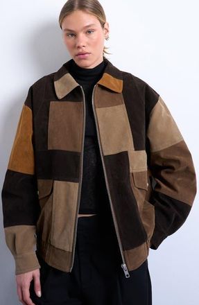 Topshop Patchwork Faux Suede Bomber Jacket in Brown Multi at Nordstrom, Size Medium