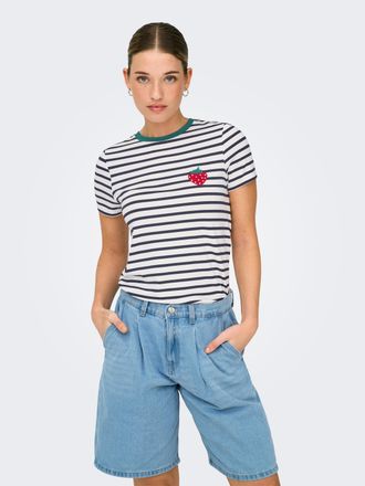 Only Kurzarmshirt ONLY ONLHEART LIFE S/S TEE JRS NOOS, Damen, Gr. XL, cloud dancer stripes:night sky, strawberry, Jersey, Obermaterial: 95% Viskose, 5% Ela