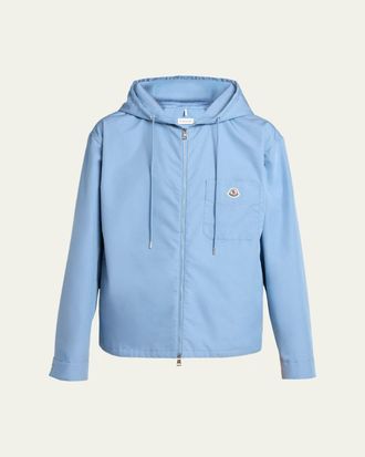 Moncler Mens Pocket-Logo Poplin Full-Zip Hoodie