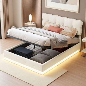 OEM Cama Cofre Doble 160x200 - Mecanismo Hidr&aacute;ulico Silencioso - Terciopelo Beige - Iluminaci&oacute;n Rgb