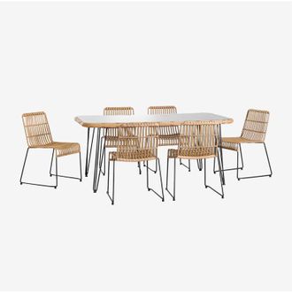 Sklum Sklum - Set Tavolo Rettangolare in Vimini Sintetico (180x90 cm) Leribert e 6 Sedie da Pranzo in Rattan Sintetico Aroa