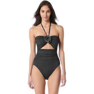 Kate Spade New York Contrast Rosette Solids Bandeau One Piece Swimsuit in Black at Nordstrom, Size X-Large