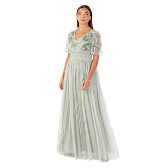 Maya Womens Maxi Dress Ladies V-Neck Angel Sleeve Floral Embellished Tulle Shirred Waistline A-line Wedding Guest Bridesmaid, Green Lily, 20