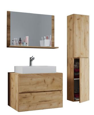 ebuy24 Ebuy24 - Vcm 4 Piezas Lavabo Lavabo Gabinete Inferior Ancho 80 Cm Muebles De Ba&ntilde;o Conjunto Con Cajones Puertas Giratorias Espejo Lendas L (roble Miel)