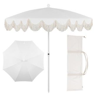 Jonathan Y Designs Mariner 6.5 ft. Classic Cottage Fringe Tassel Market Beach Umbrella with Push Button Tilt in White/cream - White Pole at Nordstrom