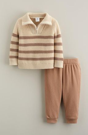 Nordstrom Stripe Quarter Zip Sweater & Joggers Set in Brown Affogato - Beige Swan at Nordstrom, Size 18M