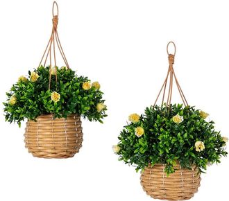 Nearly Natural Set Of Two 13In Uv-Resistant Artificial Mini Rose & Aptenia In Woven Hanging Basket (Indoor/Outdoor)