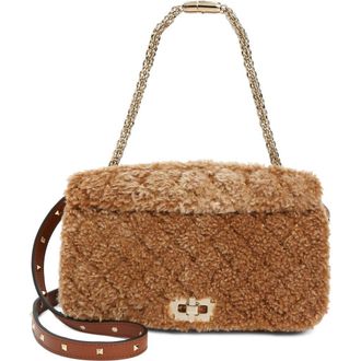 Valentino Garavani Rockstud Spike Genuine Shearling Shoulder Bag in Nek Light Caramel/Selleria at Nordstrom