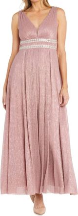 R & M Richards Long Metallic Gown In Rose