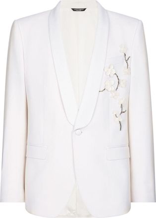 Dolce & Gabbana floral-appliqu&eacute; single-breasted blazer - men - Elastane/Polyester/Virgin Wool/Silk - 56 - White