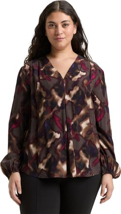 Tom Tailor Langarmbluse TOM TAILOR PLUS, Damen, Gr. 44, braun blurry argyle, Jersey, Obermaterial: 100% Viskose, bedruckt, l&auml;ssig geschnitten h&uuml;ftbedeckend, V-Au