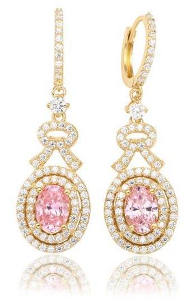 Suzy Levian Cubic Zirconia Double Halo Drop Huggie Hoop Earrings in Pink at Nordstrom Rack