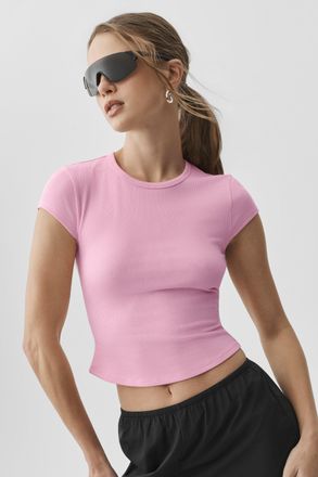 Alo | Ribbed Modal Cap Sleeve Top Shorts Short Sleeves in Pink Marshmallow, Size: Medium