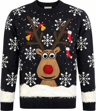 Generic Reindeer Christmas Jumper - L Size [Large] - Adult Unisex Pom Pom Nose - Navy Blue