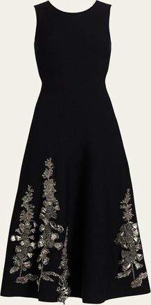 Oscar De La Renta Embroidered Foxglove Sleeveless Midi Dress