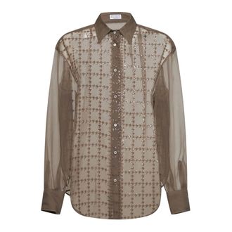 Brunello Cucinelli Sequined Silk Button-Down Shirt - female - Brunello Cucinelli - Shirts - Brown - M - Blouses & Shirts