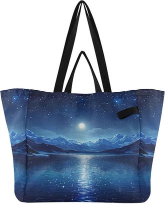 Generic Lake Moonlight Starry Blue print Reusable Canvas Tote Bag, Heavy Duty Grocery Shopping Bag with Large Capacity Double Handles Hard Bottom Work Groceri