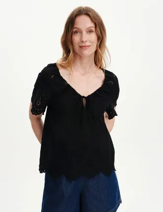 Finery Ruthie Embroidered Cotton Drawstring Top in Black at Nordstrom, Size 14