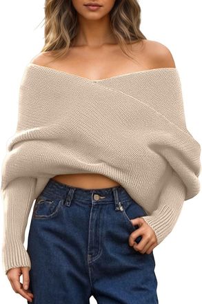 Generic Womens Knitted Jumpers Off Shoulder Sweater Scarf Soft Comfort Warmth Pullover Sweaters Ladies Spring Autumn Winter Fitted Jumpers for Women Classic P