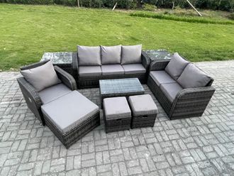 Fimous Outdoor Garden Furniture Sets 9 Pieces Wicker Rattan Furniture Sofa Sets w/ Rectangular Coffee Table Loveseat Sofa 3 Footstools 2 Side Tables