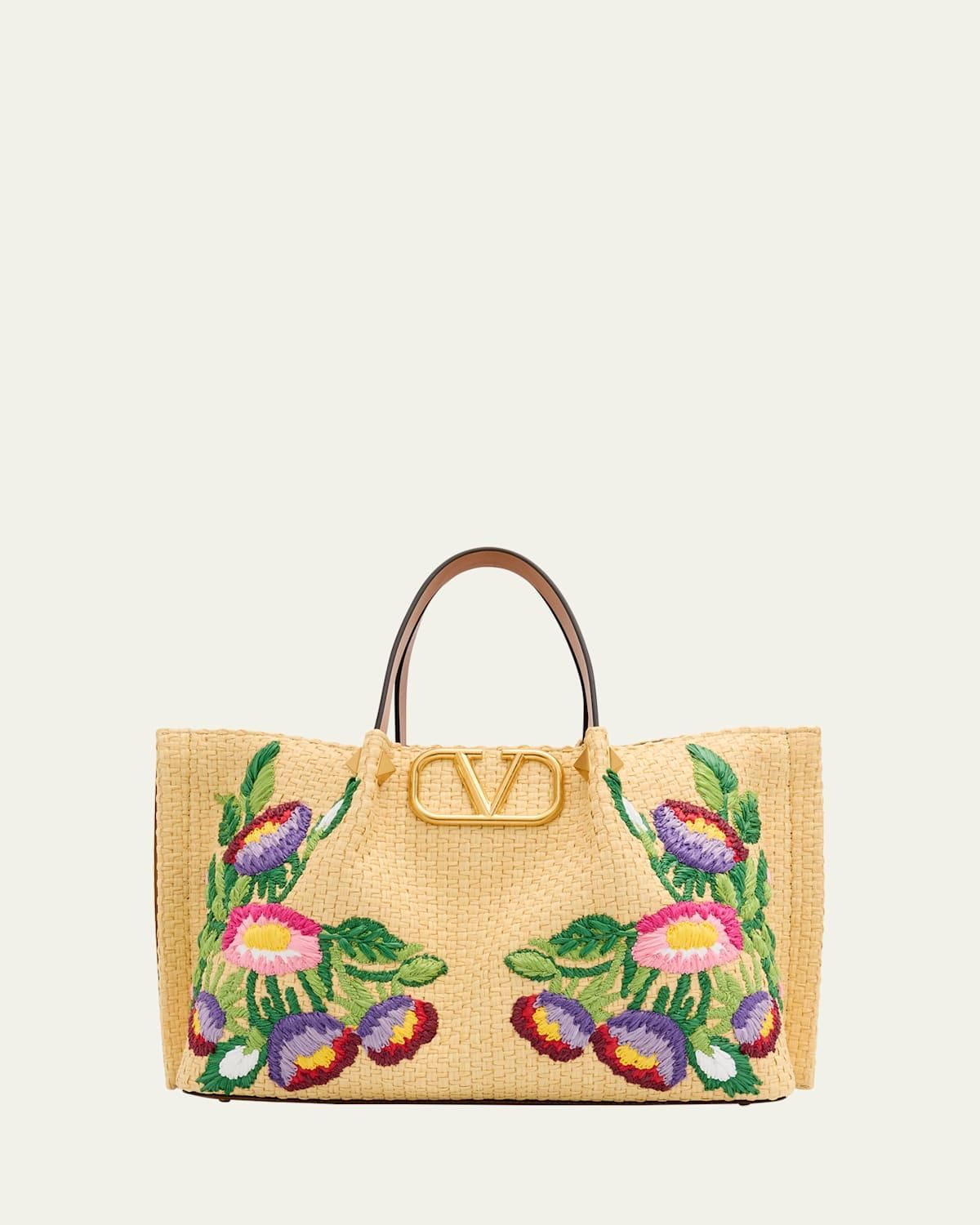 Valentino Garavani Rockstud Embroidered Raffia Shopping Tote