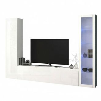 Dmora Pared Equipada Dekda, Conjunto De Sal&oacute;n Mueble De Tv Con 3 Puertas, Mueble De Sal&oacute;n Polivalente Con Vitrina Y Luz Led, 100% Made In Italy, Cm 260x30h1