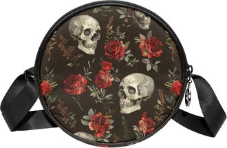 Generic Circle Crossbody Bag for Women, Skull Flowers Small Sling Bag Daypack with Zipper Adjustable Shoulder Straps Casual Ladies Girls Round Purse