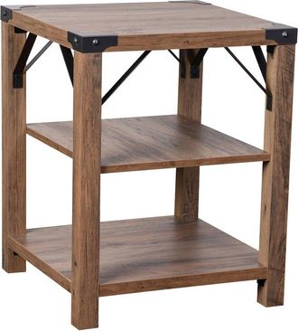 Flash Furniture Farmhouse Wooden 3 Tier End Table with Black Metal Corner Accents, Oak