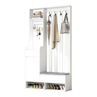 STILVORA Mueble De Entrada Con Banco Acolchado, Panel Perforado, 1 Puerta, 1 Caj&oacute;n Y 4 Ganchos, En Mdf, Blanco, 100&times;35&times;180 Cm