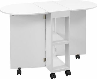 HOMCOM Mesa De Comedor Plegable Con Ruedas Mesa De Cocina Con Alas Abatibles Y 2 Estantes Abiertos Estilo Moderno Carga 80 Kg 120x60x77 Cm Blanco - Homcom
