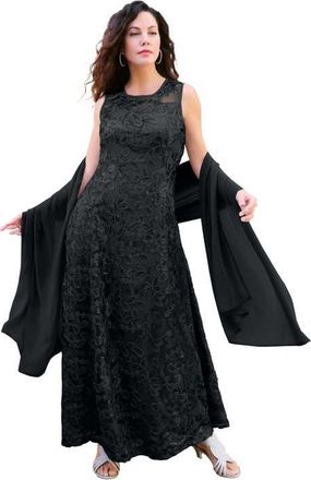 Roaman's Plus-Size Allover Lace Embellished Shawl Gown in Black at Nordstrom, Size 16