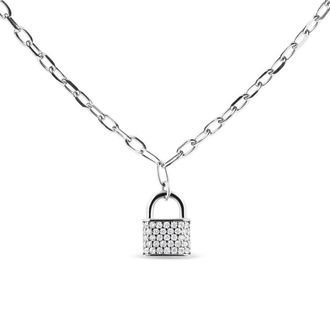 House of Brilliance 925 Sterling Silver 1/4 Cttw Diamond Lock 16 Pendant Necklace with Paperclip Chain (H-I Color, SI2-I1 Clarity)