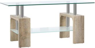HOMCOM Homcom Mesa De Centro Rectangular Mesa Auxiliar De Sal&oacute;n Con 2 Estantes De Vidrio Templado Marco De Acero Inoxidable Y Patas De Madera 90x50x42 Cm