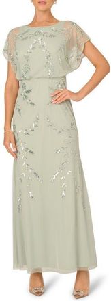 Adrianna Papell Sequin Blouson Flutter Sleeve Gown in Icy Sage at Nordstrom, Size 8