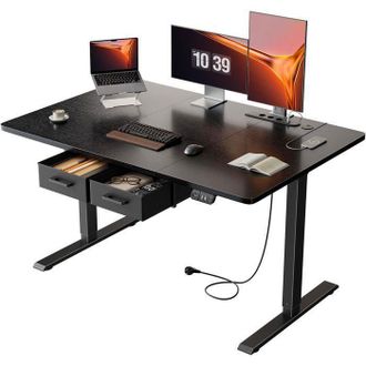 OEM Escritorio De Ordenador - Ecofurnix Escritorio El&eacute;ctrico De Pie Y Sentado - Altura Ajustable - Toma De Corriente Integrada - 2 Cajones, Negro