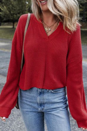 Azura Exchange Womens Vneck Knit Long Sleeve - Red - Size X-Large