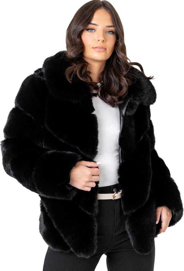 Womens Faux Fur Coat Ladies Jacket Long Sleeve Collared Faux Leather Side Pockets Autumn Winter Outerwear, Black 16