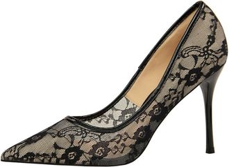 Generic Womens Lace Mesh Pumps Pointy Closed Toe Stiletto High Heels Slip on Porm Party Wedding Dress Shoes,Black,5 UK