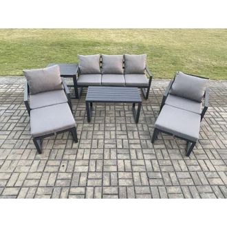 Fimous Fimous Aluminium 7 Pieces Garden Furniture Sofa Set with Cushions 7 Seater Outdoor Patio Set with 2 Armchair 2 Big Footstools Side Table Dark Grey